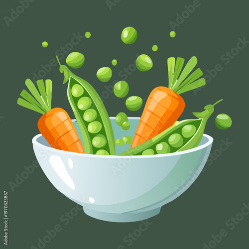 Nutritious salad bowl with carrots and peas for healthy vegan diet and organic lifestyle themes - Vector Illustration