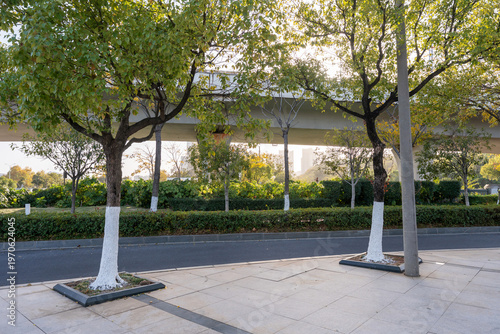 Concrete structure and asphalt road space under the overpass in the city