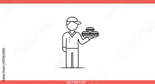 Delivery man with burgers and fries, fast food service, vector icon