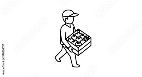 Delivery person carrying a box of fresh fruits and vegetables, isometric line art icon