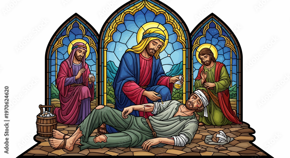 Obraz premium The Good Samaritan parable stained glass Jesus helping a wounded man