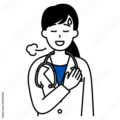 胸に手を当ててホッとする医師の女性