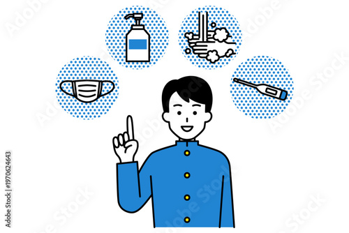 風邪予防の4つの方法（マスク・消毒・手洗い・検温）を案内する男子学生
