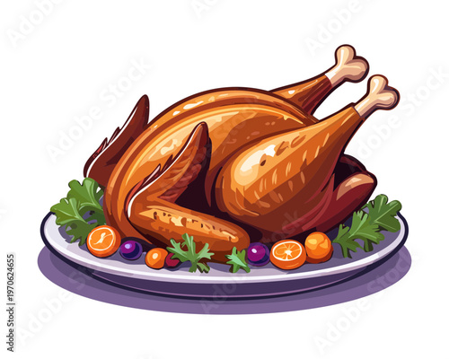 Delicious roasted whole turkey served on a ceramic plate with colorful vegetable garnish for festive family dinner celebration - Vector Illustration