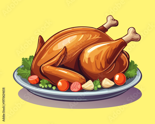 Golden brown baked chicken on a serving tray surrounded by fresh herbs and vegetables for holiday dinner party - Vector Illustration