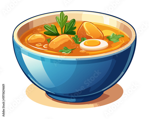 Hot bowl of vegetable soup with carrots and eggs for a nutritious winter meal and healthy diet promotion - Vector Illustration