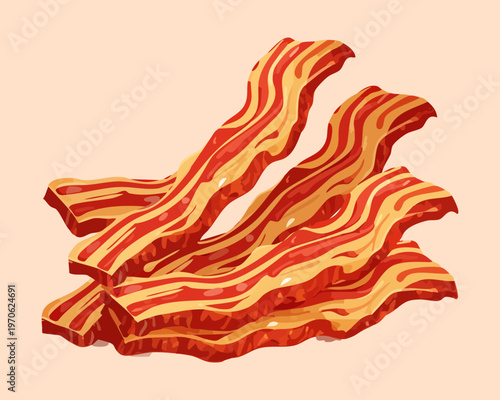 Multiple slices of grilled bacon with characteristic wavy shape for restaurant breakfast specials and meat variety pack labels - Vector Illustration
