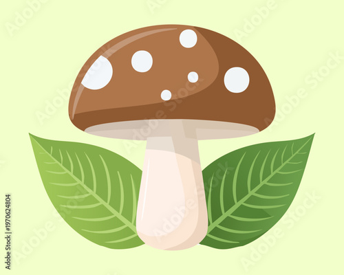 Single wild forest mushroom with brown cap and green leaves for nature foraging guide and autumn vegetable recipes - Vector Illustration