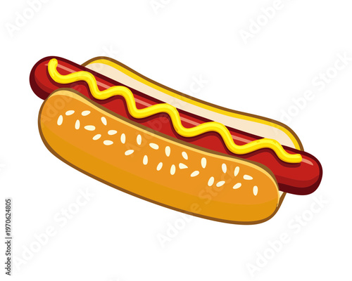 Grilled hot dog in a bun with wavy mustard sauce for fast food truck menu and stadium snack - Vector Illustration
