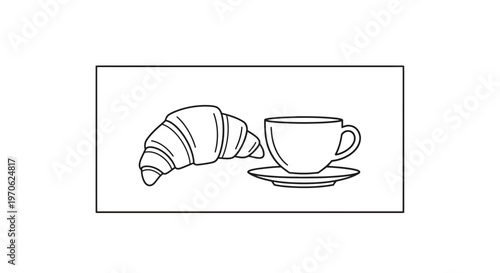 Croissant and Coffee Cup on Saucer - Simple Line Art Breakfast Illustration