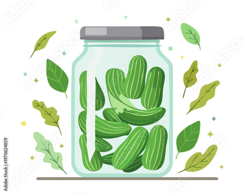 Glass jar of pickled green cucumbers with herbs for traditional preserve labels and organic pantry storage food products - Vector Illustration