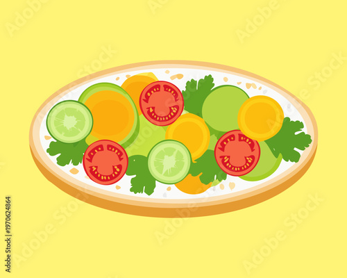 Healthy fresh vegetable salad bowl with tomatoes and cucumbers for vegan diet menu and organic nutrition health blog - Vector Illustration
