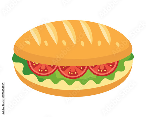 Long submarine sandwich with ham lettuce and tomatoes for quick lunch deli shop menu and picnic snack ideas - Vector Illustration