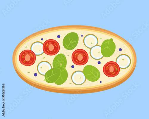 Round italian pizza with tomatoes and basil leaves for pizzeria advertising and fast food delivery service menu options - Vector Illustration