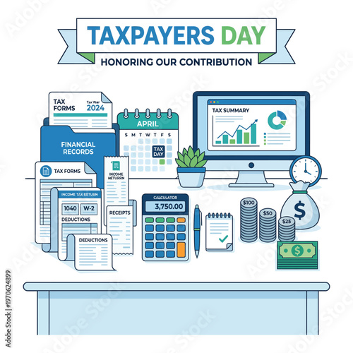 Flat design illustration of a desk with tax documents, calculator, and computer for Taxpayers Day with a minimalist style and blue tones.