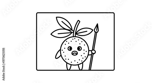 Cute cartoon orange character with spear, holding a weapon, funny illustration