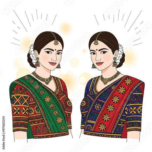 Two Women Wearing Traditional Indian Clothing.