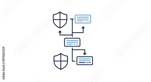 Cybersecurity network diagram with shields and data flow.