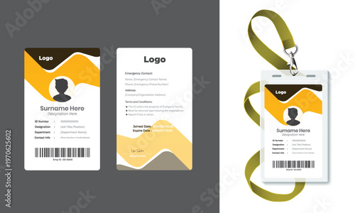 Modern Corporate ID Card Template with Geometric Orange Design - Vertical Employee Badge Layout