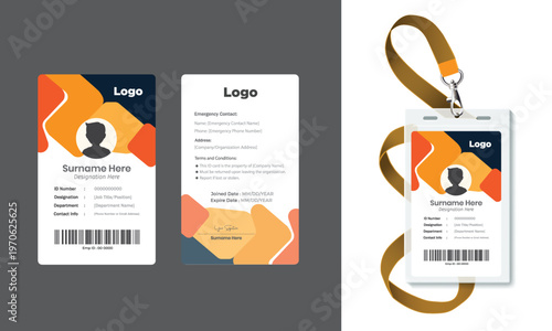 Modern Corporate ID Card Template with Geometric Orange Design - Vertical Employee Badge Layout