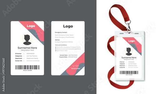 Modern Corporate ID Card Template with Geometric Orange Design - Vertical Employee Badge Layout