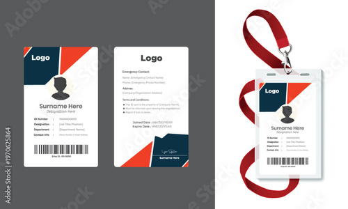 Modern Corporate ID Card Template with Geometric Orange Design - Vertical Employee Badge Layout