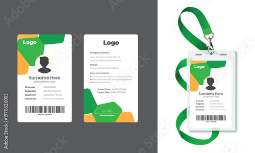 Modern Corporate ID Card Template with Geometric Orange Design - Vertical Employee Badge Layout
