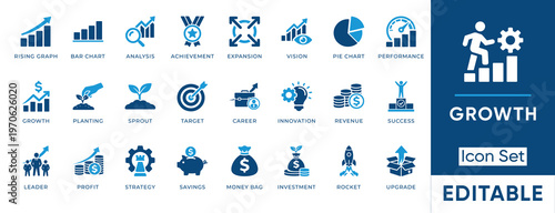 Growth icon set. Containing rising graph, expansion, performance, revenue, success, profit, investment and more. Solid vector icons collection.