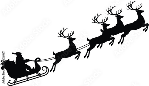 Black silhouette of Santa Claus in a sleigh pulled by flying reindeer with antlers isolated on white background, CAD drawing flat vector illustration