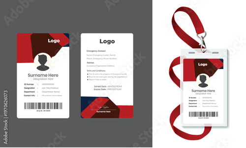 Modern Corporate ID Card Template with Geometric Orange Design - Vertical Employee Badge Layout