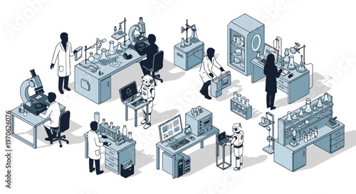 This isometric vector illustration depicts a modern laboratory where scientists and robots collaborate using various scientific tools and equipment.