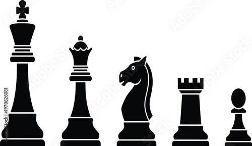 Set of black chess piece silhouettes including king queen knight rook and pawn isolated on white background, CAD drawing flat vector illustration