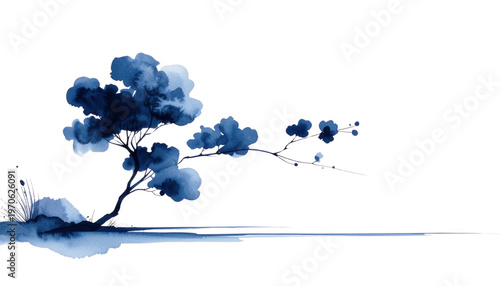 Pintura aquarela azul minimalista de uma árvore com galhos e folhagem abstrata, refletida em uma superfície, evocando serenidade e arte oriental.