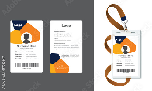 Modern Corporate ID Card Template with Geometric Orange Design - Vertical Employee Badge Layout