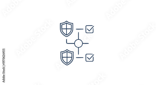 Cybersecurity network with shields and checkmarks for data protection.