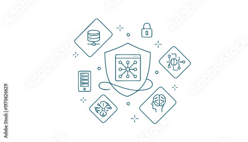 Cybersecurity protection icon with symbols.