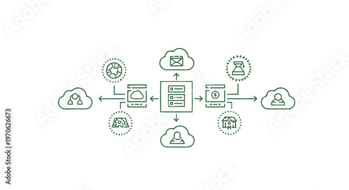Conceptual illustration of cloud computing and data transfer processes.