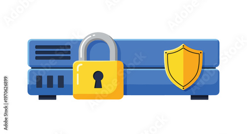 A blue server or storage device secured with a yellow padlock and a golden shield, symbolizing cybersecurity and data protection.