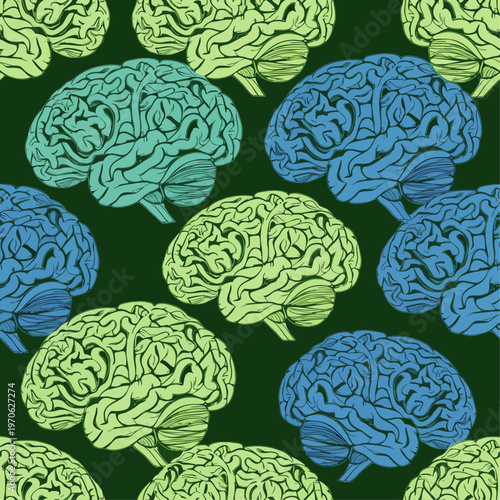 Seamless pattern of stylized human brains in shades of green and blue on a dark background, representing science and the mind.