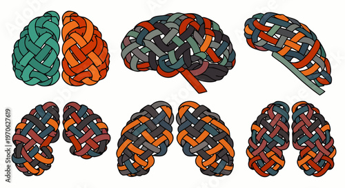 Abstract illustration of human brain, intricately woven with colorful Celtic knot patterns. Symbolizes complex thought, creativity, neural connections, and the mind.