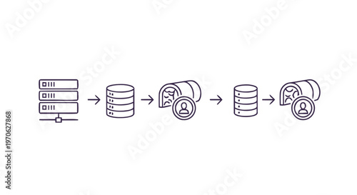 Data processing and security illustration with server and database icons.