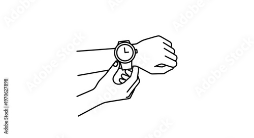 Close-up of a person adjusting a wristwatch on their arm, minimalist line art illustration.