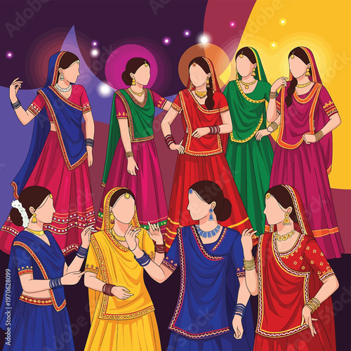 Women in traditional Indian clothing dancing.