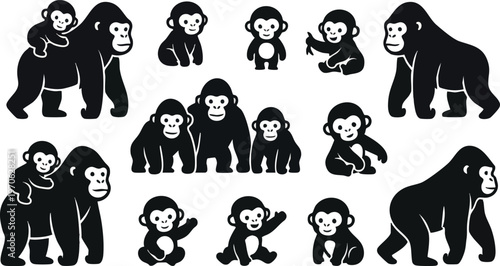 Set of Gorilla and Baby Primate Silhouettes on White Background.