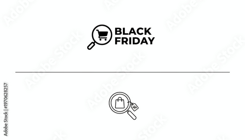 Black Friday Shopping Search Magnifying Glass Icon with Cart and Bag