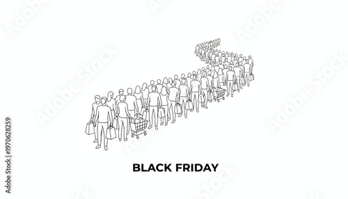 Black Friday Shopping Rush: Long Queue of Shoppers with Carts and Bags