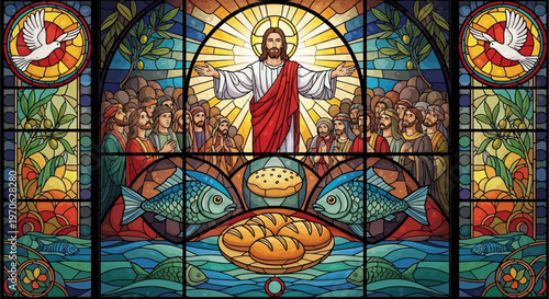 Jesus Christ stained glass window with bread and fish