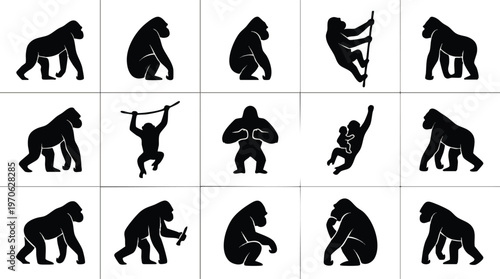 Fifteen Black Gorilla Silhouettes Arranged in a Grid on White.
