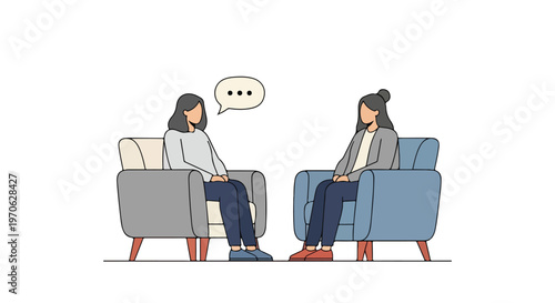 Two women are sitting in armchairs facing each other in a counseling session, with a speech bubble indicating a thoughtful or silent exchange.