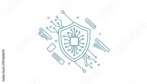 Cybersecurity Shield with Microchip and Circuitry Illustration.
